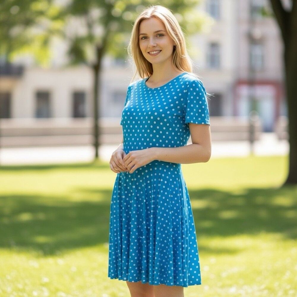 Women’s Blue and White Polka Dot Knee Length Dress M/L